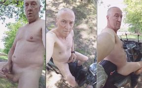 Grandpa Daddy Exhibitionist Naked Motorbike Cruising in Wood Cumshot Sexshow