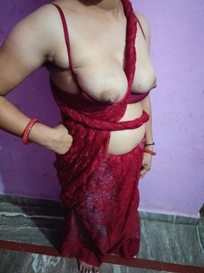 Indian desi bhabhi in red saree foreplay for making video of her dewar to fucked her