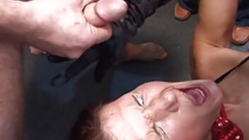 Drenching babe's face with cumshot during wild group fuck