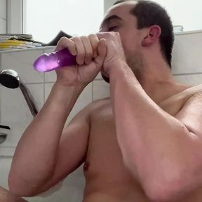 Dildo deep throat in the bathtub