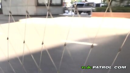 Blonde Asian slut sucks deep a big white cock putting her red lipstick on it before getting banged.