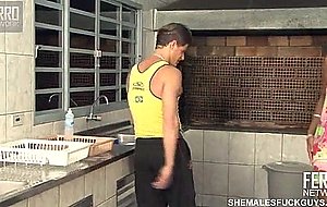 Booty tranny drills guy in a kitchen