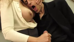 Employee slave has to polish his boss's dildos and is then milked on his T-shirt with a teasing hand job