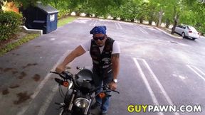 Straight biker rides cock for cash in the pawnshop