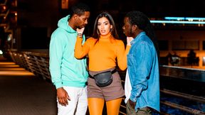 Bitchy brunette Penelope Cross roughly fucked by two big black dicks