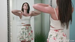 Hot brunette Little Caprice stroking her tight pussy in front of the mirror