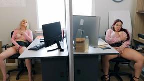 ”Two big titted colleagues masturbate at work”
