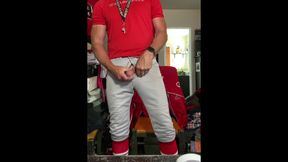 Jockdad87 Edges in Baseball Gear and Red Striped Socks