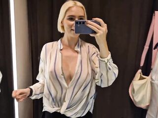 Large Breasts in the Dressing Room. Try On Hot Watch-Throughout Outfit