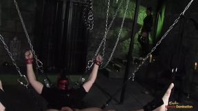 With BDSM in mind the brunette rushes to the tied man to spank and ride