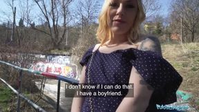 Horny blonde flasher gets her pussy creampied in a tunnel