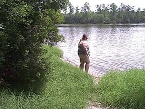 BBW Angie Kimber public outdoor striptease nude play in lake