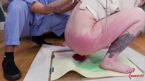 Mouth fuck BDSM sub chick painting with her butt