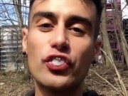 Chewing and swallowing own cum public