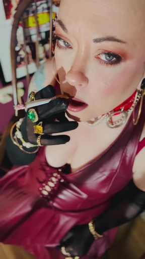 Red Leather &amp; Cigarettes! Tina Snua Smoking A Cigarette Wearing Black Sheer Gloves &amp; Jewelry