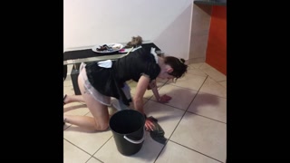 Pissing on french maid and she cleans it up