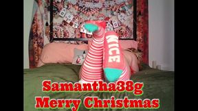 naughty or nice candy cane striped christmas knee high socks on a bbw with tits & ass popping out of sexy red lingerie asmr with samantha38g