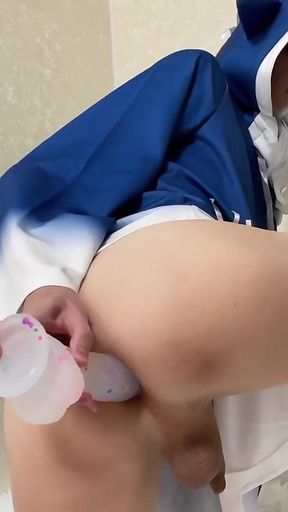 Transgender Cosplay with Anal Riding on Big Dildo