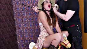 Gagging BDSM teen deep throating cock