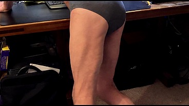 Unscheduled Stretch Break at My Desk in Grey Briefs