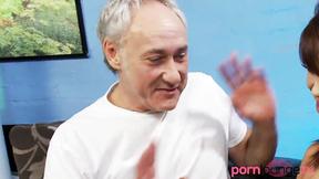 ”Brunette model in lingerie sucks old guys dick”