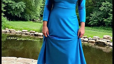 Hijab arab shemale in blue teases her divine body, gets anal fucked and cums hard. (AI Generated)