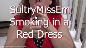 Smoking in a red dress