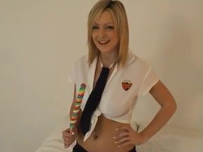 Busty Blonde Babe Jessica Likes to Suck Huge Black Dildo While She Is Rubbing Her Cunt with Another Sex Toy