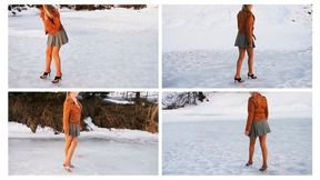 Sexy Emily on two pairs flip flop high heel mules on the slippery ice frozen river