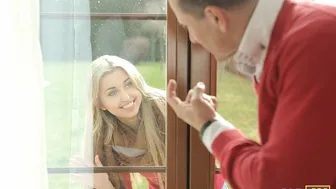 Blonde teen babe rewards older man with passionate sex