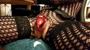 Huge cumshot in chastity cage with estim and vibrating butt plug