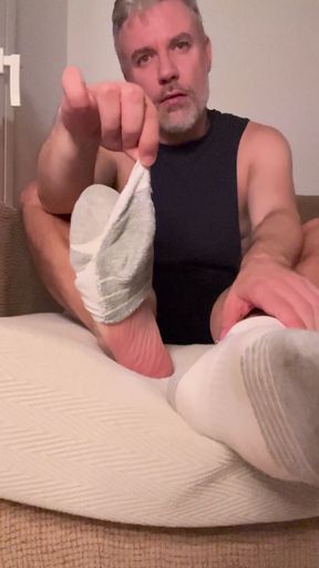 Jacks off While Worshipping Feet - Huge Cumshot on White Socks &amp; Bare Feet