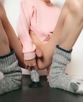 smooth skinny femboy riding hard and cumming
