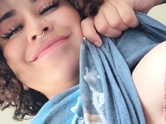 Busty curly brunette with big boobs fucks on couch