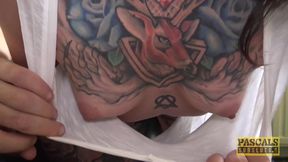 Inked whore Nayomi Sharp dommed before getting cum in mouth