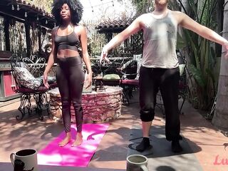 Down Doggy: Ebony playgirl doing perspired stripped Yoga and grinding on white interracial boyfriend