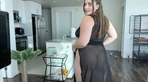 Curvy woman shows off her shaved pussy in see-through dresses
