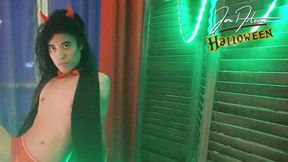 Twink Devil Jon Arteen Does Halloween Striptease, Crossdresses, Shows His Smooth Ass, Strokes His Glans, Jerks off Cock