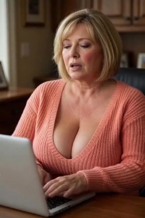 Plus-size blonde sits in a professional setting while AI-generated