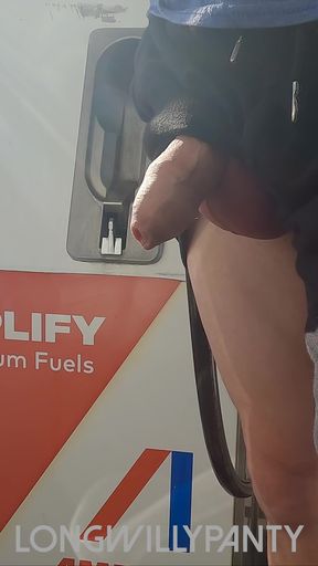 Straight guy flashing his uncut dick at the petrol station