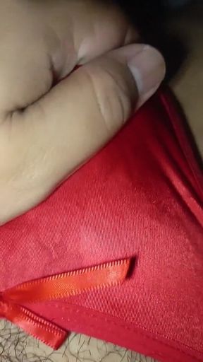 Wife's Sexy Red Thong Full of Cum!