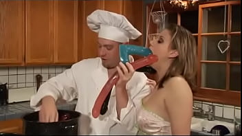Chef prepares hot brunette&#039_s wet pussy for hardcore fucking with different kitchen seasonings