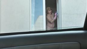 Naked milf neighbor washes windows &mdash;  no bra or panties &mdash;  taxi driver peeks from car  Big tits &mdash;  pussy&#x270C; &mdash;  outdoor exposure