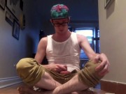Hairy legs soaks his clothes with piss fountain