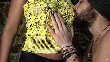 Her tits look incredible through this yellow woven blouse. Playing with her boobs n&#039_ cum on tits