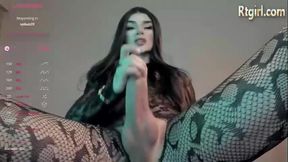 slim brunette teen trans cutie in pantyhose jerks off her big cock on cam