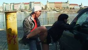 Dark haired babe riding a hard pecker in the public park
