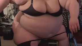 SSBBW Marigold shoves her PORKY LEGS into stockings — can’t even reach!