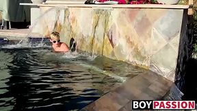 Blond twinky goes for a swim and then strokes his cock