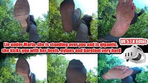 VR 3D 5,7k - Lie under Maria, she's standing over you and is gigantic, kicking you hard with her heels, nylons, and bare feet
